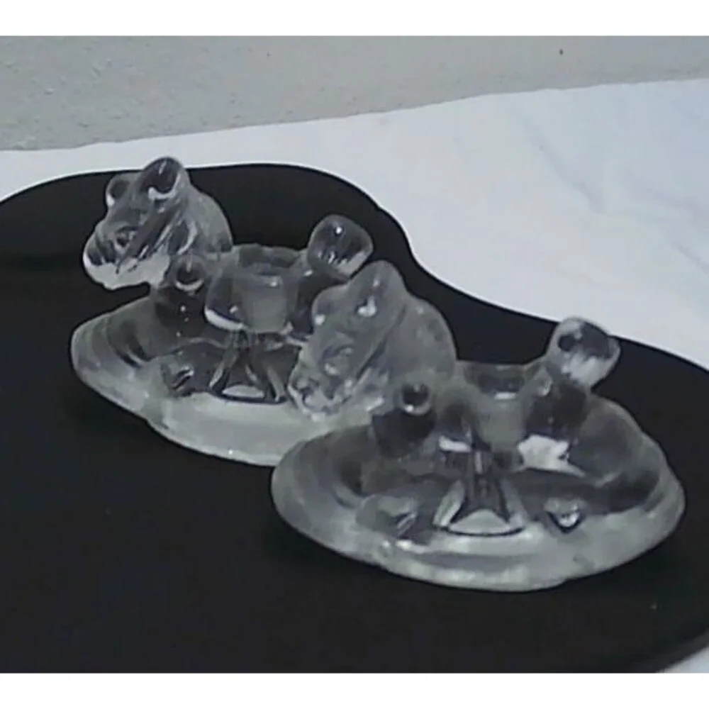 Vintage Glass Rocking Horse Candle Holders Clear Decorative Set Of 2 - 3x1x2